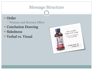 Message Structure Order Primacy and Recency Effect Conclusion Drawing Sidedness Verbal vs. Visual 