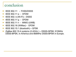 conclusion IEEE 802.11  -  FHSS/DSSS IEEE 802.11 a  -  OFDM IEEE 802. b (Wi-Fi) – DSSS IEEE 802.11 g  -  OFDM IEEE 802.11 n  -  MIMO (UWB) IEEE 802.16 (WiMax) -  OFDM IEEE 802.15.1 (bluetooth) – GFSK ZigBee 802.15.4 systems (2.4GHz ) – DSSS-QPSK; 915MHz DSSS-BPSK, in America and 868MHz DSSS-BPSK in Europe.  