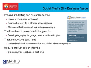 Social Media BI – Business Value
›  Improve marketing and customer service
-  Listen to consumer sentiment
-  Respond quickly to customer service issues
-  Measure effectiveness of marketing campaigns
›  Track sentiment across market segments
-  Brand, geography, language, most mentioned topics
›  Track competitive sentiment
-  Understand what consumers like and dislike about competitors
›  Reduce product design lifecycle
-  Get consumer feedback in real-time
“Social media tools are
having a huge impact on
customer service and
employee hiring to
marketing and product
development.”
Jason Peck
6 Buckets of Social Media
Measurement
January 19, 2011
43
 