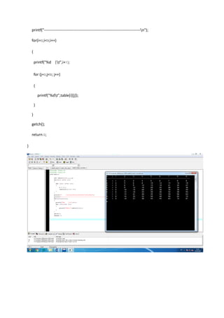 printf("----------------------------------------------------------------------------n");
for(i=0;i<9;i++)
{
printf("%d |t",i+1);
for (j=0;j<9; j++)
{
printf("%dt",table[i][j]);
}
}
getch();
return 0;
}
 