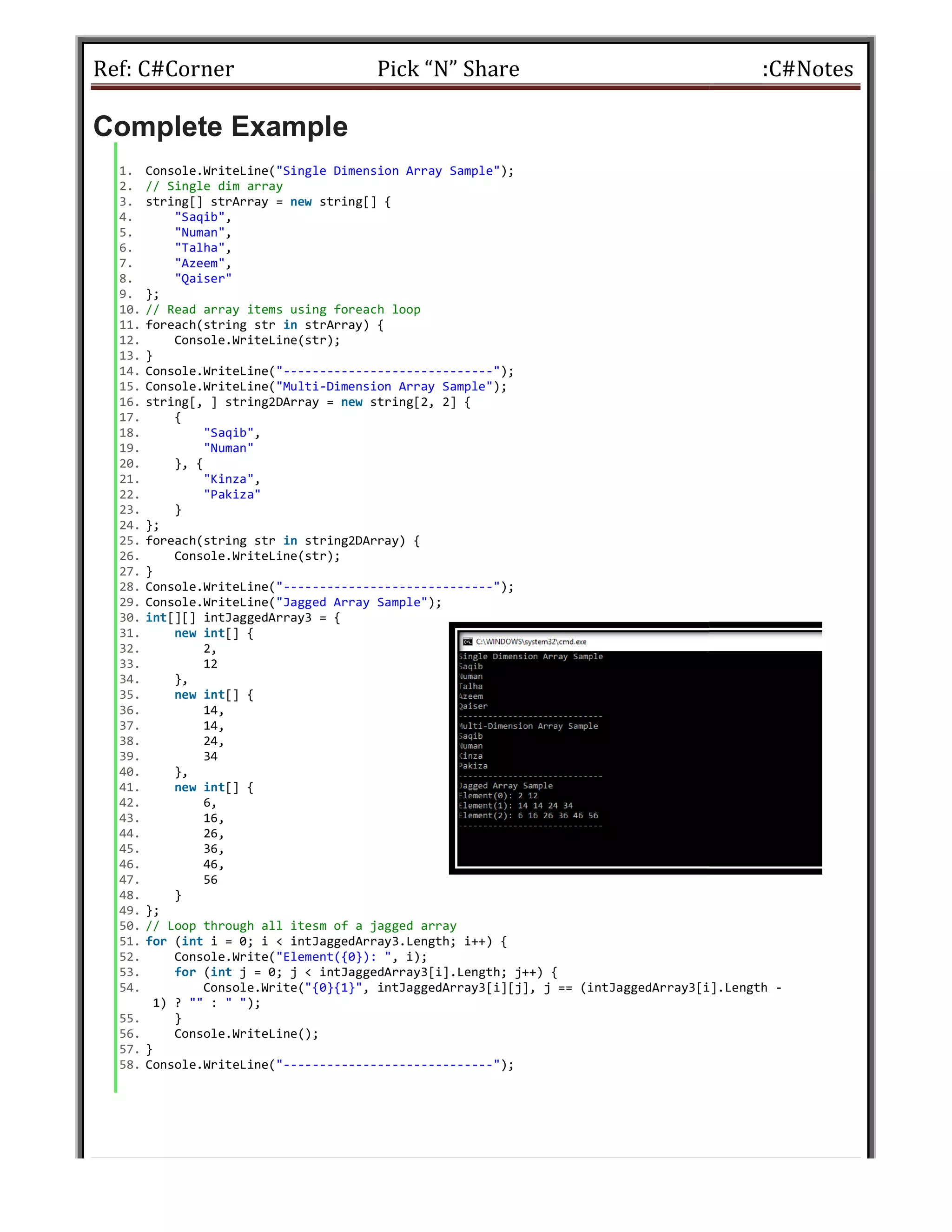 Ref: C#Corner
Complete Example
1. Console.WriteLine("Single Dimension
2. // Single dim array
3. string[] strArray = new string[]
4. "Saqib",
5. "Numan",
6. "Talha",
7. "Azeem",
8. "Qaiser"
9. };
10. // Read array items using foreach
11. foreach(string str in strArray)
12. Console.WriteLine(str);
13. }
14. Console.WriteLine("-----------------------------
15. Console.WriteLine("Multi-Dimension
16. string[, ] string2DArray = new string[2,
17. {
18. "Saqib",
19. "Numan"
20. }, {
21. "Kinza",
22. "Pakiza"
23. }
24. };
25. foreach(string str in string2DArray)
26. Console.WriteLine(str);
27. }
28. Console.WriteLine("-----------------------------
29. Console.WriteLine("Jagged Array
30. int[][] intJaggedArray3 = {
31. new int[] {
32. 2,
33. 12
34. },
35. new int[] {
36. 14,
37. 14,
38. 24,
39. 34
40. },
41. new int[] {
42. 6,
43. 16,
44. 26,
45. 36,
46. 46,
47. 56
48. }
49. };
50. // Loop through all itesm of a jagged
51. for (int i = 0; i < intJaggedArray3.Length;
52. Console.Write("Element({0}):
53. for (int j = 0; j < intJaggedArray3[i].Length;
54. Console.Write("{0}{1}",
1) ? "" : " ");
55. }
56. Console.WriteLine();
57. }
58. Console.WriteLine("-----------------------------
Pick “N” Share
Dimension Array Sample");
] {
foreach loop
{
-----------------------------");
Dimension Array Sample");
string[2, 2] {
string2DArray) {
-----------------------------");
Sample");
jagged array
intJaggedArray3.Length; i++) {
"Element({0}): ", i);
intJaggedArray3[i].Length; j++) {
intJaggedArray3[i][j], j == (intJaggedArray3[i].Length
--------------------------");
:C#Notes
(intJaggedArray3[i].Length -
 