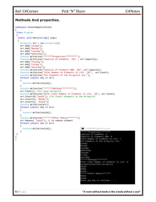 Ref: C#Corner Pick “N” Share :C#Notes
9 | P a g e “A room without books is like a body without a soul”
Methods And properties.
namespace ConsoleApplication1
{
class Program
{
static void Main(string[] args)
{
ArrayList arr = new ArrayList();
arr.Add("Sunday");
arr.Add("Monday");
arr.Add("Tuesday");
arr.Add("Wednesday");
Console.WriteLine("*******Properties*********");
Console.WriteLine("Capacity of Elements {0}" , arr.Capacity);
arr.Add("Thusday");
arr.Add("Friday");
arr.Add("Saturday");
Console.WriteLine("Capacity of Elements NOW {0}", arr.Capacity);
Console.WriteLine("Total Number of Elements in List {0}", arr.Count);
Console.WriteLine("The elements of the ArrayList are:");
foreach (object obj in arr)
{
Console.WriteLine(obj);
}
Console.WriteLine("*******Methods*********");
arr.Clear(); //to clear ArrayList
Console.WriteLine("After Clear Number of Elements in List {0}", arr.Count);
arr.Insert(0,"Saqib"); //to insert elements in the ArrayList
arr.Insert(1, "Numan");
arr.Insert(2, "Azeem");
Console.WriteLine(arr);
foreach (object obj in arr)
{
Console.WriteLine(obj);
}
Console.WriteLine("*******After Remove*******");
arr.Remove( "Saqib"); // to remove element
foreach (object obj in arr)
{
Console.WriteLine(obj);
}
}
}
}
 