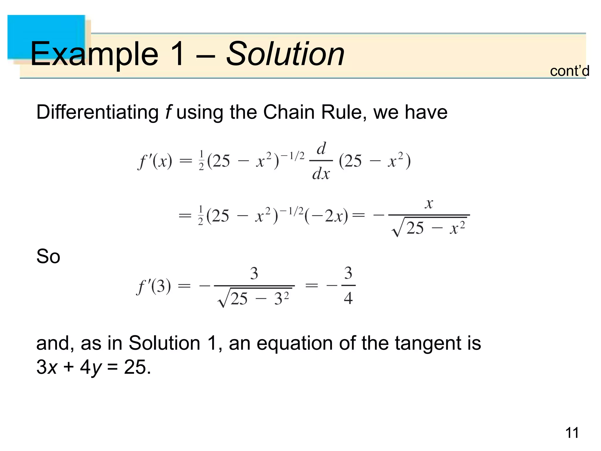1111
Example 1 – Solution
Differentiating f using the Chain Rule, we have
So
and, as in Solution 1, an equation of the tangent is
3x + 4y = 25.
cont’d
 
