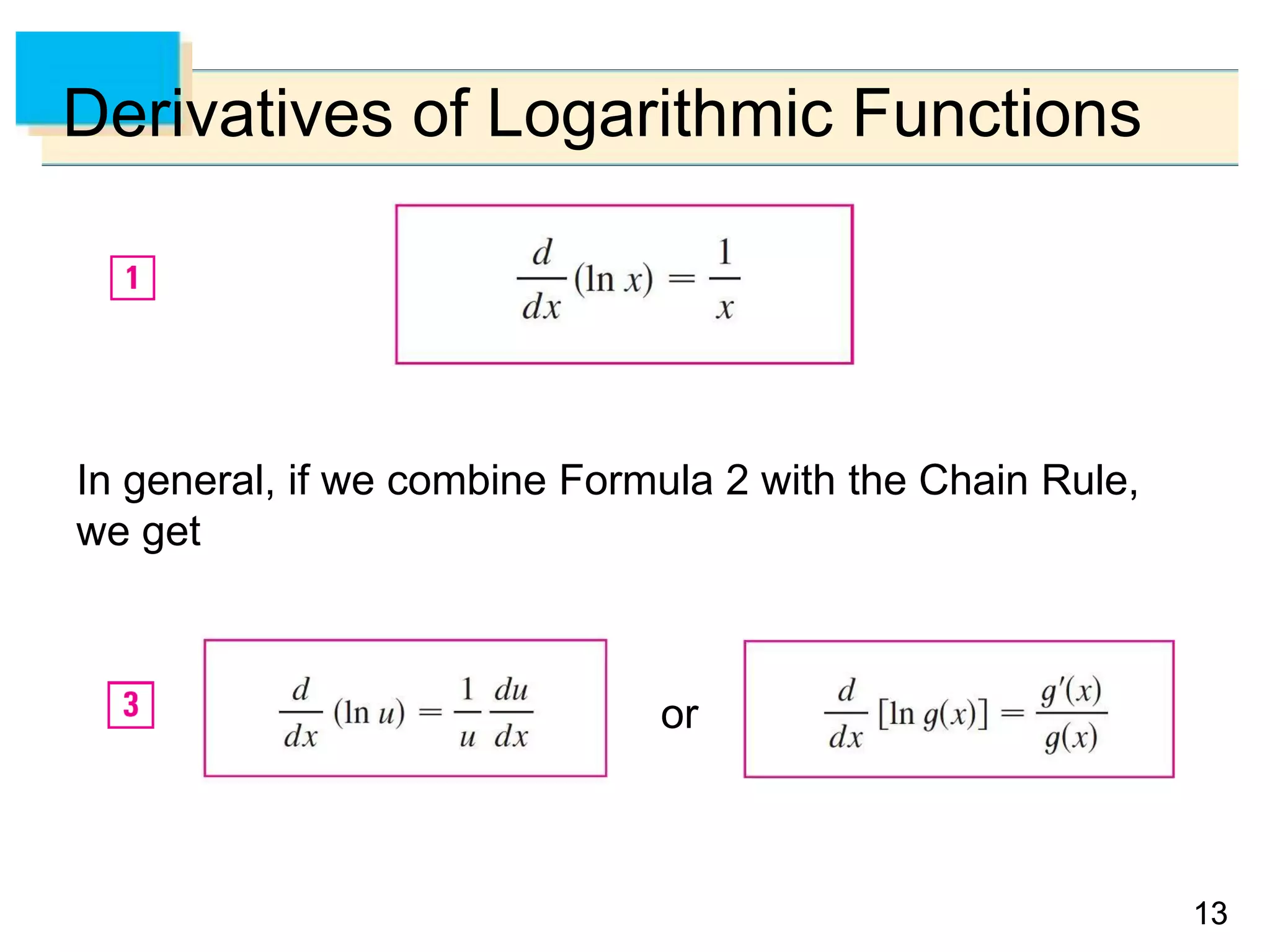 1313
Derivatives of Logarithmic Functions
In general, if we combine Formula 2 with the Chain Rule,
we get
or
 