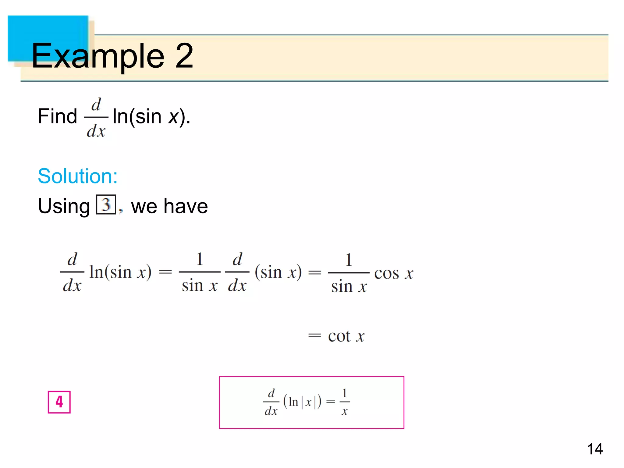 1414
Example 2
Find ln(sin x).
Solution:
Using we have
 