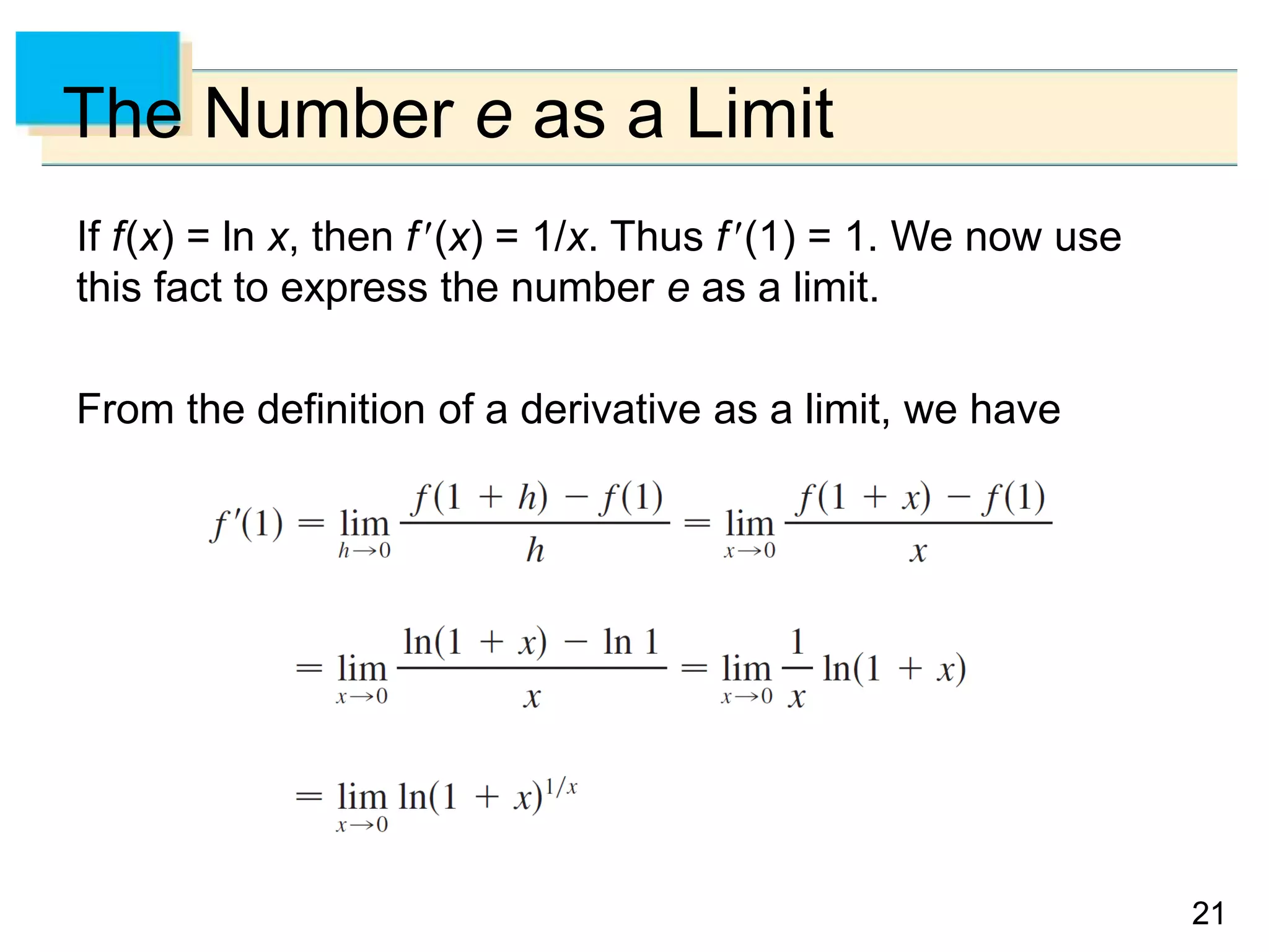2121
The Number e as a Limit
If f(x) = ln x, then f(x) = 1/x. Thus f(1) = 1. We now use
this fact to express the number e as a limit.
From the definition of a derivative as a limit, we have
 