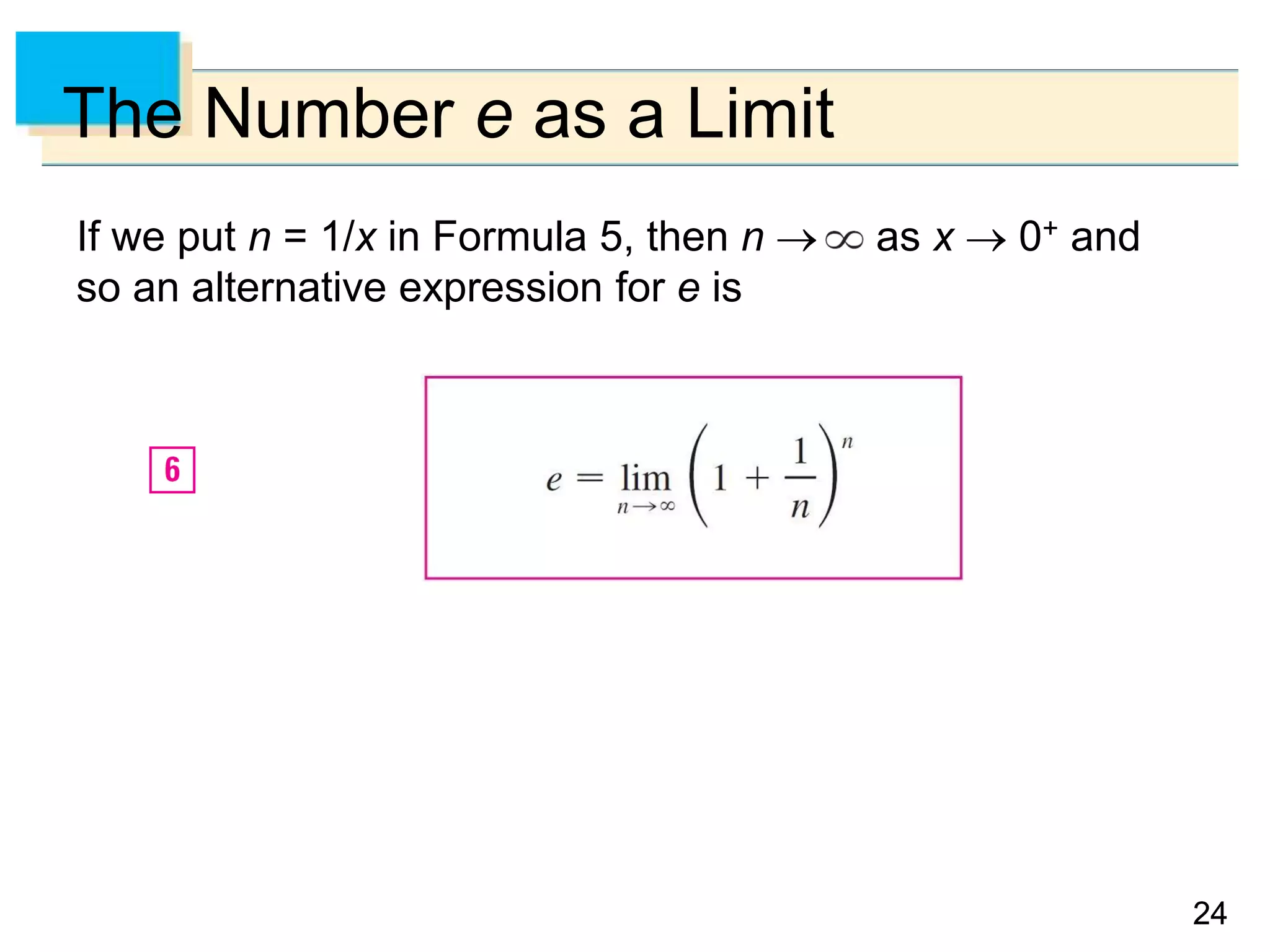 2424
The Number e as a Limit
If we put n = 1/x in Formula 5, then n → as x → 0+ and
so an alternative expression for e is
 