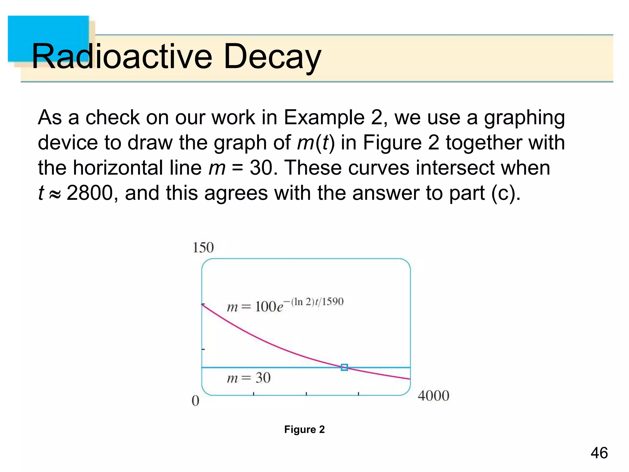 4646
Radioactive Decay
As a check on our work in Example 2, we use a graphing
device to draw the graph of m(t) in Figure 2 together with
the horizontal line m = 30. These curves intersect when
t  2800, and this agrees with the answer to part (c).
Figure 2
 