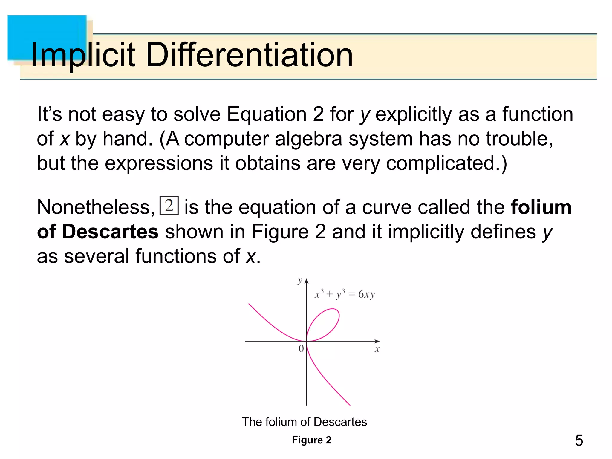 55
Implicit Differentiation
It’s not easy to solve Equation 2 for y explicitly as a function
of x by hand. (A computer algebra system has no trouble,
but the expressions it obtains are very complicated.)
Nonetheless, is the equation of a curve called the folium
of Descartes shown in Figure 2 and it implicitly defines y
as several functions of x.
Figure 2
The folium of Descartes
 