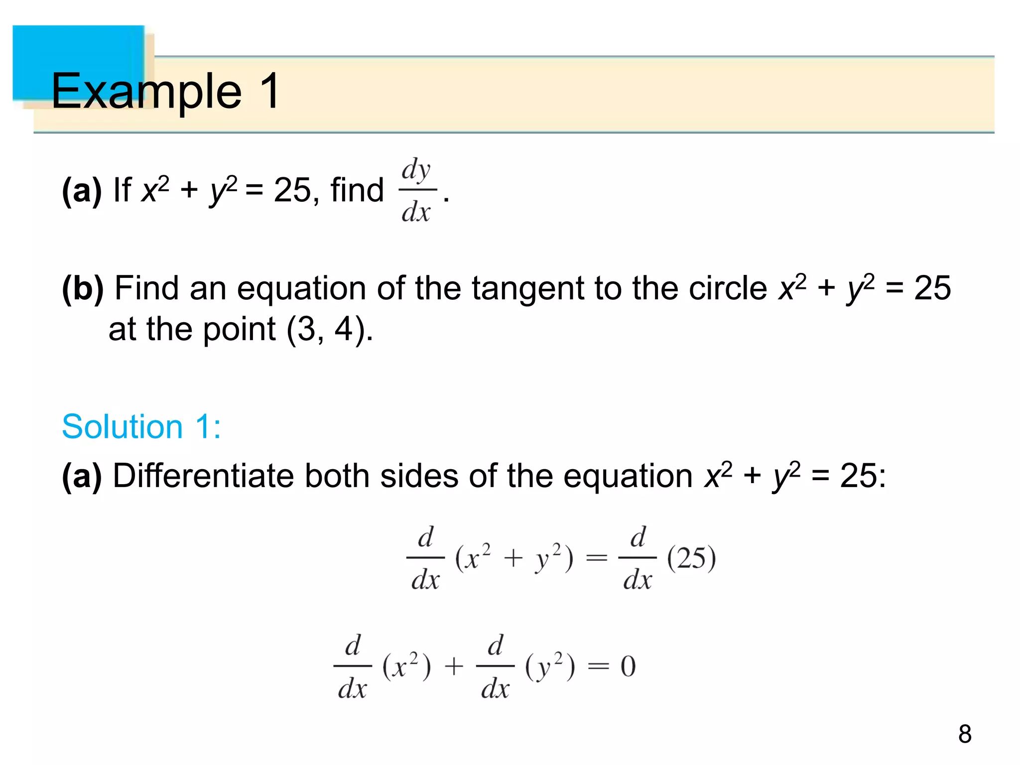88
Example 1
(a) If x2 + y2 = 25, find .
(b) Find an equation of the tangent to the circle x2 + y2 = 25
at the point (3, 4).
Solution 1:
(a) Differentiate both sides of the equation x2 + y2 = 25:
 