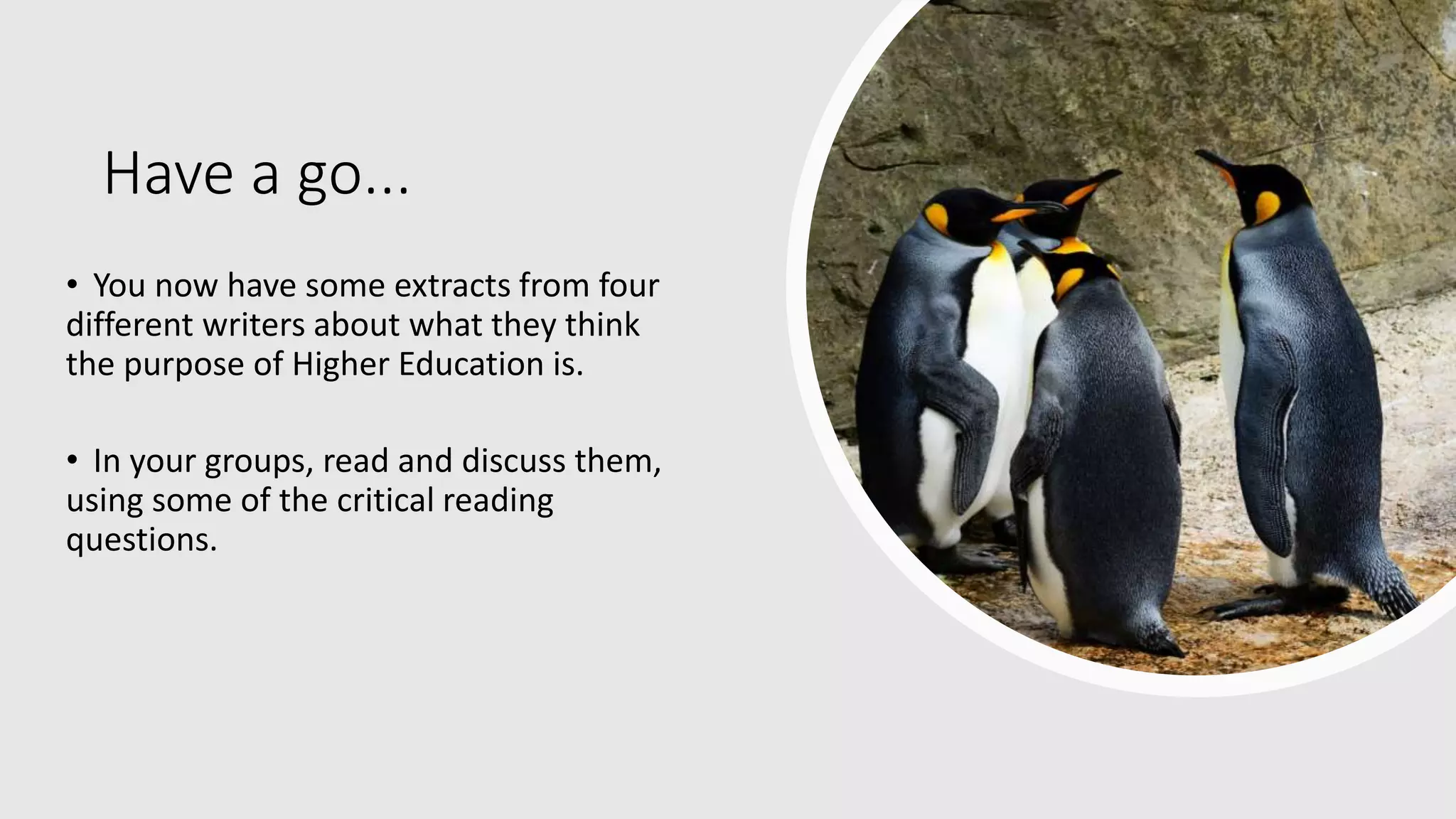 Have a go...
• You now have some extracts from four
different writers about what they think
the purpose of Higher Education is.
• In your groups, read and discuss them,
using some of the critical reading
questions.
 