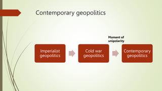 Contemporary geopolitics
Imperialist
geopolitics
Cold war
geopolitics
Contemporary
geopolitics
Moment of
unipolarity
 