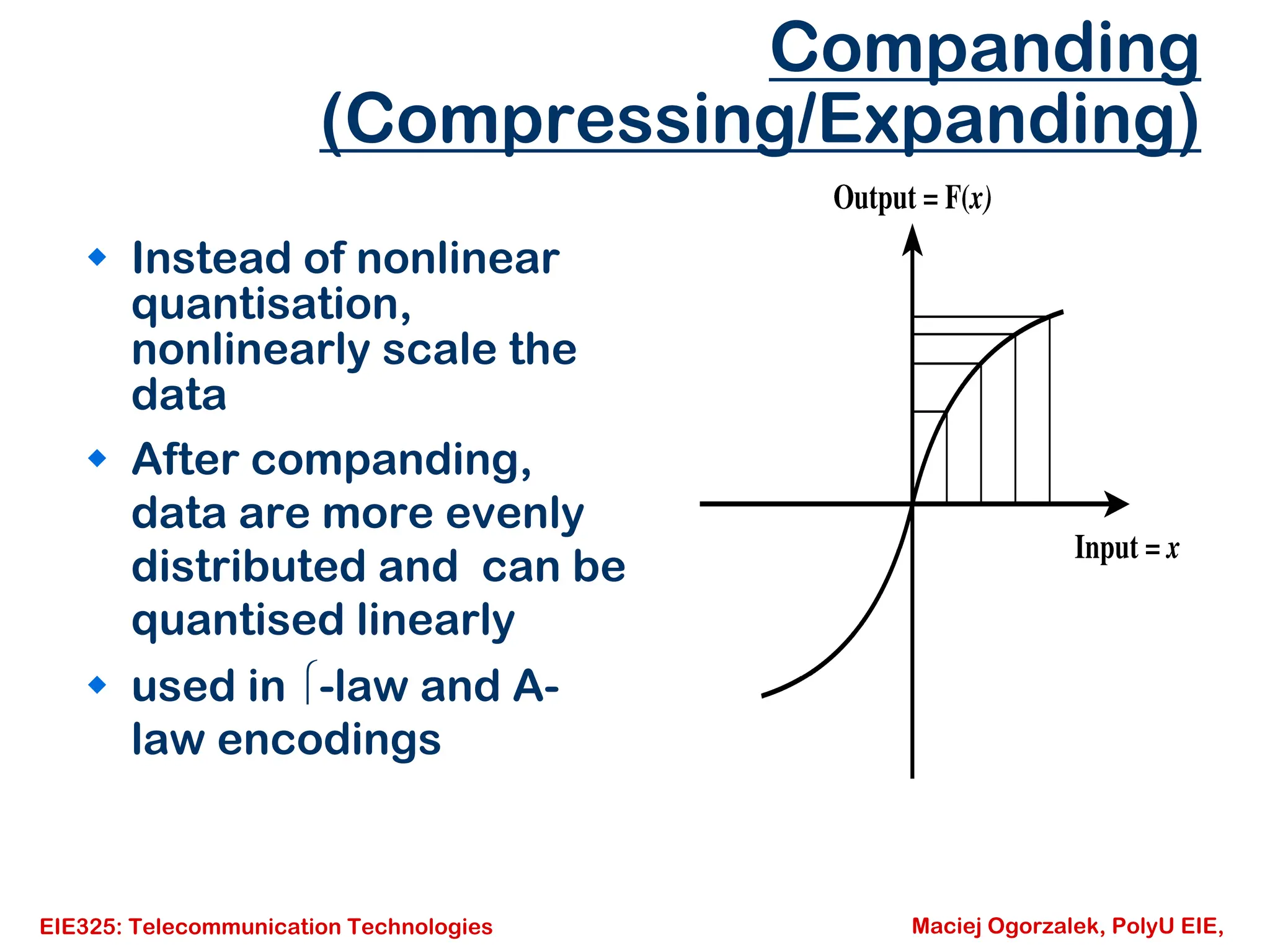EIE325: Telecommunication Technologies Maciej Ogorzalek, PolyU EIE,
Companding
(Compressing/Expanding)
Š Instead of nonlinear
quantisation,
nonlinearly scale the
data
Š After companding,
data are more evenly
distributed and can be
quantised linearly
Š used in ⎧-law and A-
law encodings
 