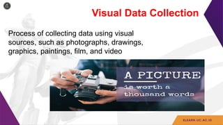 Visual Data Collection
Process of collecting data using visual
sources, such as photographs, drawings,
graphics, paintings, film, and video
 
