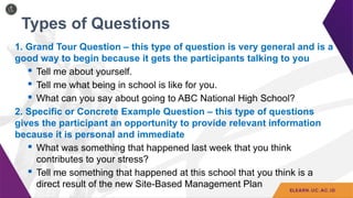Types of Questions
1. Grand Tour Question – this type of question is very general and is a
good way to begin because it gets the participants talking to you
 Tell me about yourself.
 Tell me what being in school is like for you.
 What can you say about going to ABC National High School?
2. Specific or Concrete Example Question – this type of questions
gives the participant an opportunity to provide relevant information
because it is personal and immediate
 What was something that happened last week that you think
contributes to your stress?
 Tell me something that happened at this school that you think is a
direct result of the new Site-Based Management Plan
 