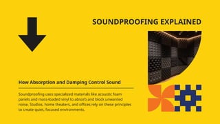 SOUNDPROOFING EXPLAINED
How Absorption and Damping Control Sound
Soundproofing uses specialized materials like acoustic foam
panels and mass-loaded vinyl to absorb and block unwanted
noise. Studios, home theaters, and offices rely on these principles
to create quiet, focused environments.
 