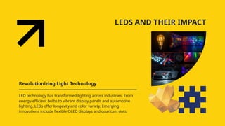 LEDS AND THEIR IMPACT
Revolutionizing Light Technology
LED technology has transformed lighting across industries. From
energy-efficient bulbs to vibrant display panels and automotive
lighting, LEDs offer longevity and color variety. Emerging
innovations include flexible OLED displays and quantum dots.
 