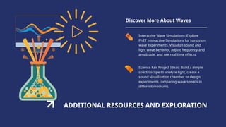 ADDITIONAL RESOURCES AND EXPLORATION
Discover More About Waves
Interactive Wave Simulations: Explore
PhET Interactive Simulations for hands-on
wave experiments. Visualize sound and
light wave behavior, adjust frequency and
amplitude, and see real-time effects.
Science Fair Project Ideas: Build a simple
spectroscope to analyze light, create a
sound visualization chamber, or design
experiments comparing wave speeds in
different mediums.
 