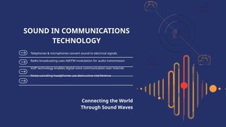 Telephones & microphones convert sound to electrical signals
Radio broadcasting uses AM/FM modulation for audio transmission
VoIP technology enables digital voice communication over internet
Noise-canceling headphones use destructive interference
SOUND IN COMMUNICATIONS
TECHNOLOGY
Connecting the World
Through Sound Waves
 