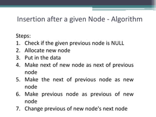 Insertion after a given Node - Algorithm
Steps:
1. Check if the given previous node is NULL
2. Allocate new node
3. Put in the data
4. Make next of new node as next of previous
node
5. Make the next of previous node as new
node
6. Make previous node as previous of new
node
7. Change previous of new node's next node
 