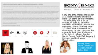 SONY BMG
Sony and BMG merged together
as a label company and both
hold 50% stake of the company.
This company has a lot of
offices, in over 30 different
countries worldwide. Within this
company, there are more than
20 labels that are owned and
distributed by the company. For
example, Epic, Jive, Columbia,
RCA, Arista, LaFace, Zomba
Music Group, SoSo Def, Legacy, J
Records and Red Music
Distribution.
Britney Spears
Justin Timberlake
Jessica Simpson
Celine Dion
 