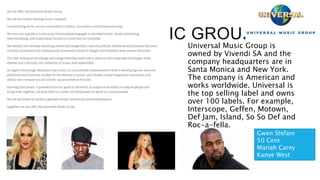UNIVERSAL MUSIC GROUP
Universal Music Group is
owned by Vivendi SA and the
company headquarters are in
Santa Monica and New York.
The company is American and
works worldwide. Universal is
the top selling label and owns
over 100 labels. For example,
Interscope, Geffen, Motown,
Def Jam, Island, So So Def and
Roc-a-fella.
Gwen Stefani
50 Cent
Mariah Carey
Kanye West
 