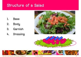 Structure of a Salad

1.   Base
2.   Body
3.   Garnish
4.   Dressing



                       34
 