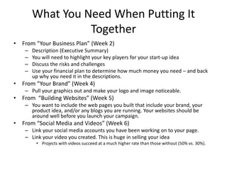 What You Need When Putting It
Together
• From “Your Business Plan” (Week 2)
– Description (Executive Summary)
– You will need to highlight your key players for your start-up idea
– Discuss the risks and challenges
– Use your financial plan to determine how much money you need – and back
up why you need it in the descriptions.
• From “Your Brand” (Week 4)
– Pull your graphics out and make your logo and image noticeable.
• From “Building Websites” (Week 5)
– You want to include the web pages you built that include your brand, your
product idea, and/or any blogs you are running. Your websites should be
around well before you launch your campaign.
• From “Social Media and Videos” (Week 6)
– Link your social media accounts you have been working on to your page.
– Link your video you created. This is huge in selling your idea
• Projects with videos succeed at a much higher rate than those without (50% vs. 30%).
 