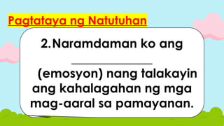 Pagtataya ng Natutuhan
1.Ngayong araw natutunan
ko na kapag ako ay
____________ makakatulong
ito sa pagtupad ng aking
pangarap.
2.Naramdaman ko ang
_____________
(emosyon) nang talakayin
ang kahalagahan ng mga
mag-aaral sa pamayanan.
 