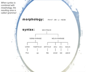 When syntax is
combined with
morphology, the
resulting area is
called ‘grammar’.
 