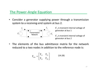 The Power‐Angle Equationg q __________________
• Consider a generator supplying power through a transmission
system to a receiving end system at bus 2system to a receiving‐end system at bus 2.
1I 2I E’1 is transient internal voltage of 
generator at bus 1
'
1E '
2E
E’2 is transient internal voltage of 
generator at bus 2
• The elements of the bus admittance matrix for the network
reduced to a two nodes in addition to the reference node is:
⎥
⎦
⎤
⎢
⎣
⎡
=
2221
1211
YY
YY
Ybas
(14.28)
17
 