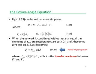 The Power‐Angle Equationg q __________________
• Eq. (14.33) can be written more simply as
where
(14.35))sin(max γδ −+= PPP ce
• When the network is considered without resistance, all the 
elements of Y are susceptances so both G and becomes
(14.36)11
2'
1 GEPc = 12
'
2
'
1max YEEP =
γelements of Ybus are susceptances, so both G11 and    becomes 
zero and Eq. (14.35) becomes;
δsinmaxPPe = (14.37) Power Angle Equation
γ
where , with X is the transfer reactance between
E’1 and E’2
maxe
XEEP '
2
'
1max =
1 2
20
 