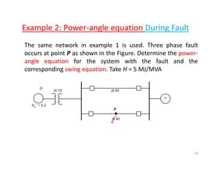 Example 2: Power‐angle equation During Faultp g q g
The same network in example 1 is used. Three phase fault
occurs at point P as shown in the Figure Determine the poweroccurs at point P as shown in the Figure. Determine the power‐
angle equation for the system with the fault and the
corresponding swing equation. Take H = 5 MJ/MVA
26
 