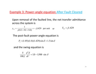 Example 3: Power‐angle equation After Fault Clearedp g q
Upon removal of the faulted line, the net transfer admittance
across the system isacross the system is
y
j
j12
1
0 2 01 0 4
1429=
+ +
= −
( . . . )
. per unit 429.112 jY =or
The post‐fault power‐angle equation is
δδ sin5.1sin)429.1()0.1()05.1( ==eP )()()(e
and the swing equation is
5
180
10 1500
2
2
f
d
dt
δ
δ= −. . sin
34
 