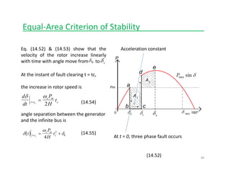 Equal‐Area Criterion of Stability______________
Acceleration constantEq. (14.52) & (14.53) show that the
velocity of the rotor increase linearlyvelocity of the rotor increase linearly
with time with angle move from to0δ cδ
At the instant of fault clearing t = tc,g ,
the increase in rotor speed is
d Ps mδ ω
dt H
tt t
s m
cc= =
2
angle separation between the generator 
and the infinite bus is
(14.54)
At t = 0, three phase fault occurs
and the infinite bus is 
( )δ
ω
δt
P
H
tt t
s m
cc= = +
4
2
0
(14.55)
(14.52) 46
 