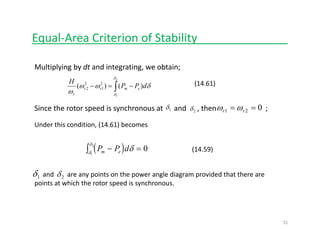Equal‐Area Criterion of Stability______________
Multiplying by dt and integrating, we obtain;
δ
(14.61)
∫ −=−
2
1
)()( 2
1
2
2
δ
δ
δωω
ω
dPP
H
emrr
s
Since the rotor speed is synchronous at and then ;δ δ 0== ωωSince the rotor speed is synchronous at      and      , then                           ;1δ 2δ 021 == rr ωω
Under this condition, (14.61) becomes 
(14.59)( )P P dm e− =∫ δδ
δ
0
1
2
and        are any points on the power angle diagram provided that there are 
points at which the rotor speed is synchronous. 
1δ 2δ
51
 