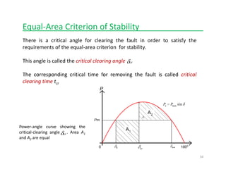 Equal‐Area Criterion of Stability______________
There is a critical angle for clearing the fault in order to satisfy the
requirements of the equal‐area criterion for stability.
This angle is called the critical clearing angle
The corresponding critical time for removing the fault is called critical
crδ
The corresponding critical time for removing the fault is called critical
clearing time tcr
Power‐angle curve showing the
critical‐clearing angle . Area A1
and A2 are equal
crδ
54
 
