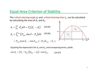 Equal‐Area Criterion of Stability______________
The critical clearing angle and critical clearing time tcr can be calculated
by calculating the area of A1 and A2.
crδ
( )A P d Pm m cr
cr
1 00
= = −∫ δ δ δδ
δ
( )∫
δ
(14.65)
(14 66)( )A P P dmcr
2 = −∫ max sinmax
δ δδ
δ
)()cos(cos maxmaxmax crmcr PP δδδδ −−−=
(14.66)
)()( maxmaxmax crmcr
Equating the expressions for A1 and A2, and transposing terms, yields 
( )( )/δ δ δ δP P + (14.67)( )( )cos / cosmax max maxδ δ δ δcr mP P= − +0
55
 