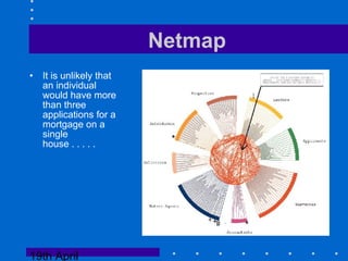19th April
Netmap
• It is unlikely that
an individual
would have more
than three
applications for a
mortgage on a
single
house . . . . .
 