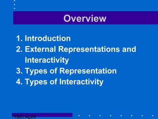 19th April
Overview
1. Introduction
2. External Representations and
Interactivity
3. Types of Representation
4. Types of Interactivity
 