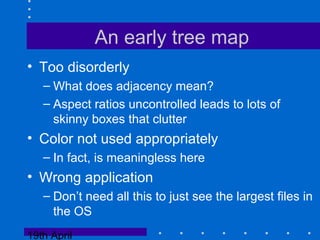 19th April
An early tree map
• Too disorderly
– What does adjacency mean?
– Aspect ratios uncontrolled leads to lots of
skinny boxes that clutter
• Color not used appropriately
– In fact, is meaningless here
• Wrong application
– Don’t need all this to just see the largest files in
the OS
 