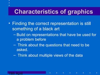 19th April
Characteristics of graphics
• Finding the correct representation is still
something of a black art
– Build on representations that have be used for
a problem before
– Think about the questions that need to be
asked.
– Think about multiple views of the data
 