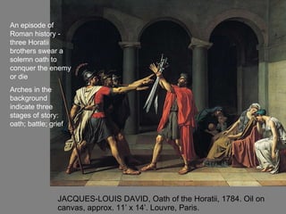 JACQUES-LOUIS DAVID, Oath of the Horatii, 1784. Oil on canvas, approx. 11’ x 14’. Louvre, Paris. An episode of Roman history - three Horatii brothers swear a solemn oath to conquer the enemy or die  Arches in the background indicate three stages of story: oath; battle; grief 