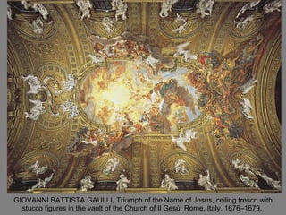 GIOVANNI BATTISTA GAULLI, Triumph of the Name of Jesus, ceiling fresco with stucco figures in the vault of the Church of Il Gesù, Rome, Italy, 1676–1679.  