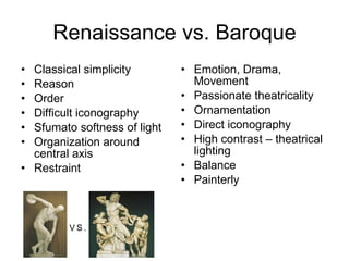 Renaissance vs. Baroque Classical simplicity Reason Order Difficult iconography Sfumato softness of light Organization around central axis Restraint Emotion, Drama, Movement Passionate theatricality Ornamentation Direct iconography  High contrast – theatrical lighting Balance Painterly 