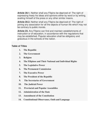 Article 20.1. Neither shall any Filipino be deprived of: The right of
expressing freely his ideas and opinions either by word or by writing,
availing himself of the press or any other similar means.
Article 20.2. Neither shall any Filipino be deprived of: The right of
joining any association for all the objects of human life which may not
be contrary to public morals.
Article 23. Any Filipino can find and maintain establishments of
instruction or of education, in accordance with the regulations that
may be established. Popular education shall be obligatory and
gratuitous in the schools of the nation.
Table of Titles
1. The Republic
2. The Government
3. Religion
4. The Filipinos and Their National and Individual Rights
5. The Legislative Power
6. The Permanent Commission
7. The Executive Power
8. The President of the Republic
9. The Secretaries of Government
10. The Judicial Power
11. Provincial and Popular Assemblies
12. Administration of the State
13. Amendment of the Constitution
14. Constitutional Observance, Oath and Language
 