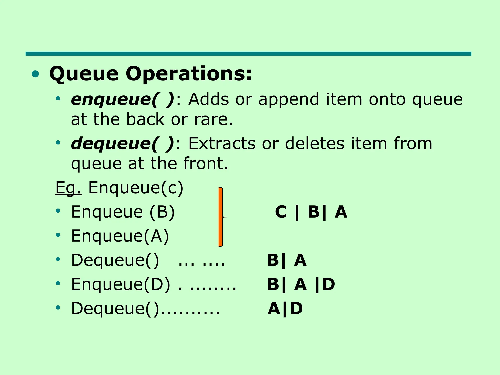 • Queue Operations:
• enqueue( ): Adds or append item onto queue
at the back or rare.
• dequeue( ): Extracts or deletes item from
queue at the front.
Eg. Enqueue(c)
• Enqueue (B) C | B| A
• Enqueue(A)
• Dequeue() ... .... B| A
• Enqueue(D) . ........ B| A |D
• Dequeue().......... A|D
 