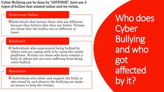 Who does
Cyber
Bullying
and who
got
affected
by it?
Cyber Bullying can be done by ”ANYONE”, here are 3
types of bullies that existed online and its victim.
Individuals that harass those who are different,
because they believe that they are better. Victims
are those that the bullies see as different or
lower.
Entitlement Bullies
 Individuals who experienced being bullied by
others and are coping with it by using the media
platforms. Victims are those who have commit a
bully to others but are now suffering from being
cyber bullied.
Retaliators
 Individuals who allow and support the bully or
who stand by and observe the bullying yet make
no means to help the victims
Bystanders
 