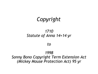Copyright 1710 Statute of Anna 14+14 yr to 1998 Sonny Bono Copyright Term Extension Act (Mickey Mouse Protection Act) 95 yr 