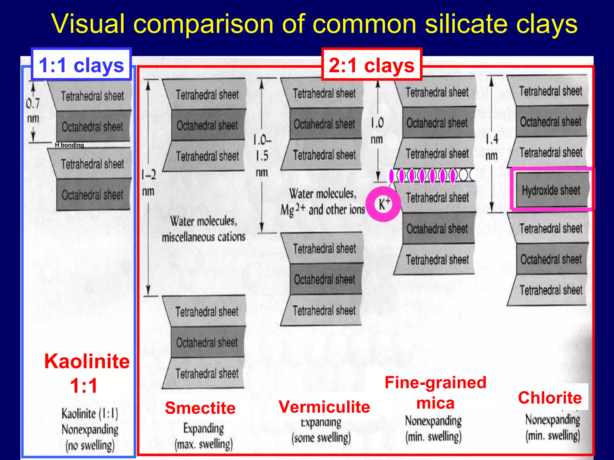 Visual comparison of common silicate clays Smectite Kaolinite1:1  Fine-grained mica Chlorite 2:1 clays 1:1 clays H bonding Vermiculite 